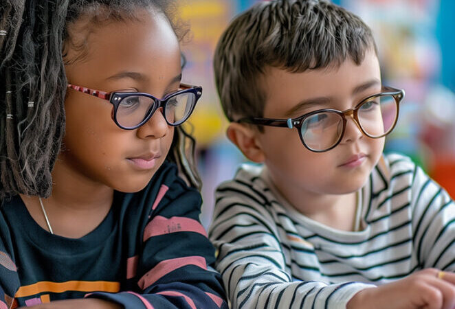 two children wearing glasses
