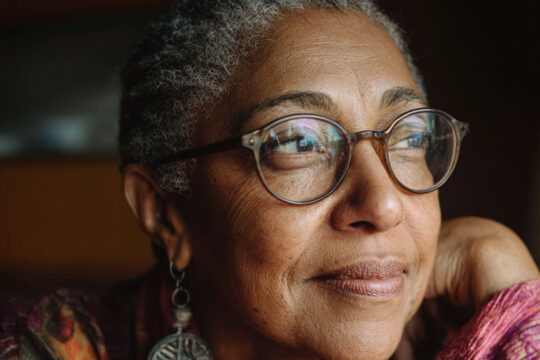 A woman wearing glasses